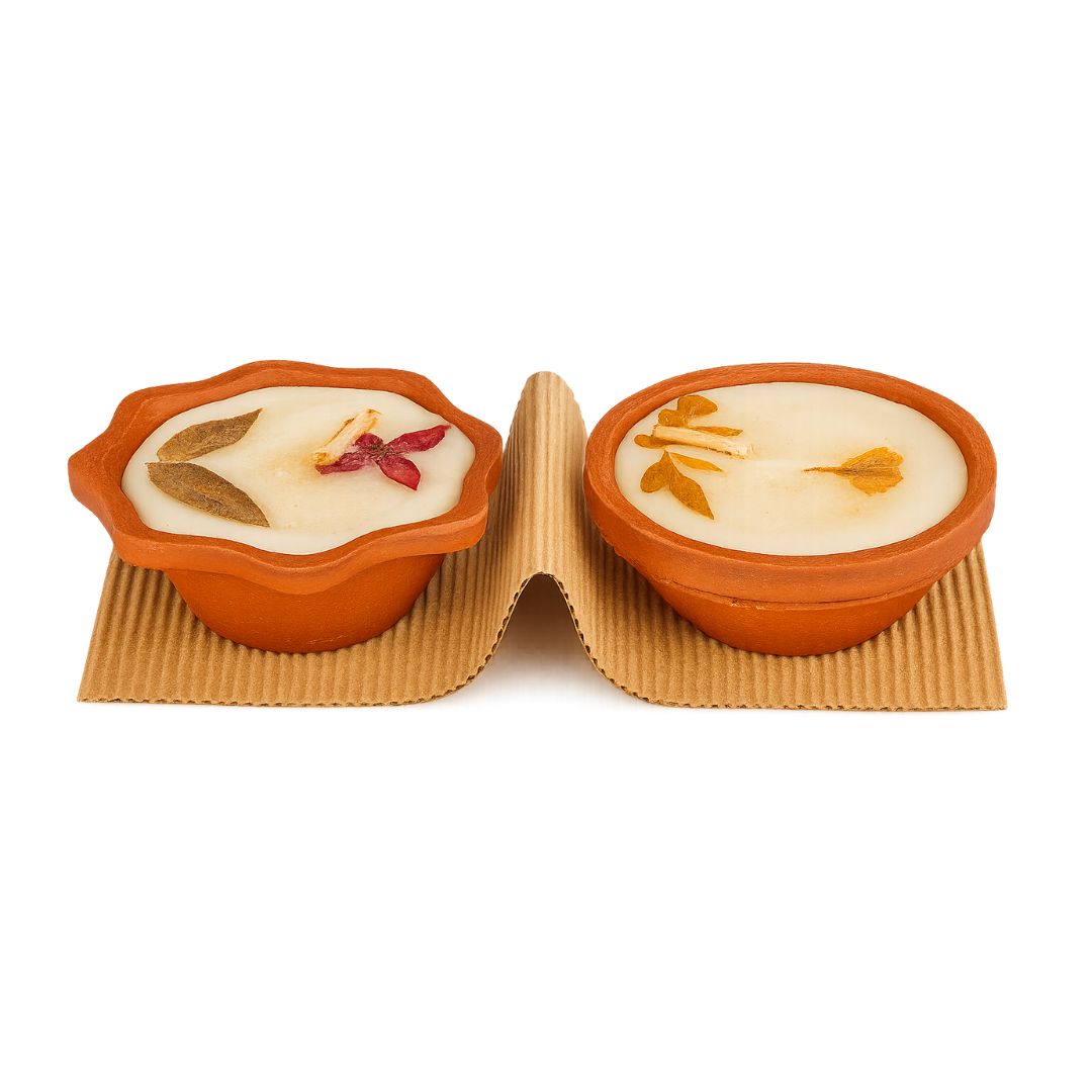 Handmade Decorative Soy Wax Diya Candles with Dried Flowers – Eco-Friendly Festive Lights