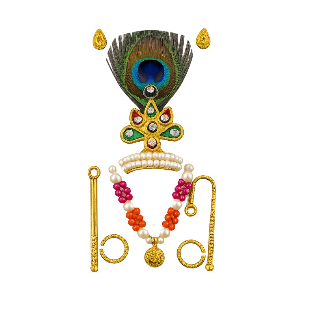 Thakur ji & Ganesh Ji Combo Mukut, Bansuri, Earrings, Mala, Kangan & Stick Set for 2 to 4 No Size