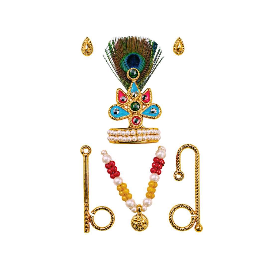 Laddu Gopal and Ganesh Ji Combo Mukut, Bansuri, Earrings, Mala, Kangan & Stick Set for 2 to 4 No Size