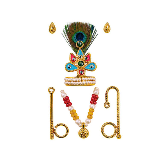 Laddu Gopal and Ganesh Ji Combo Mukut, Bansuri, Earrings, Mala, Kangan & Stick Set for 2 to 4 No Size