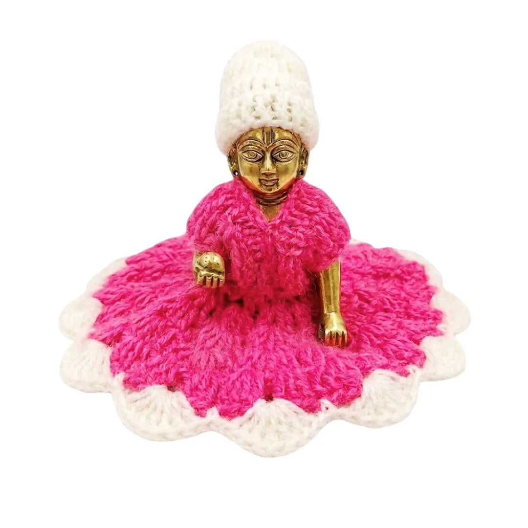 Handcrafted Pink & White Woolen Dress for Laddu Gopal (Size 2 No. Idol)