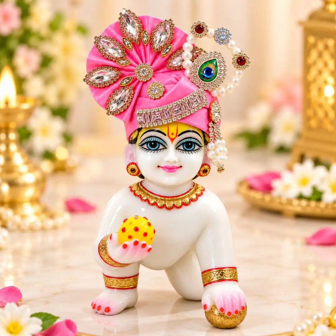 Premium Feather Design with Stone and Beads Decorated Pink Laddu Gopal Mukut