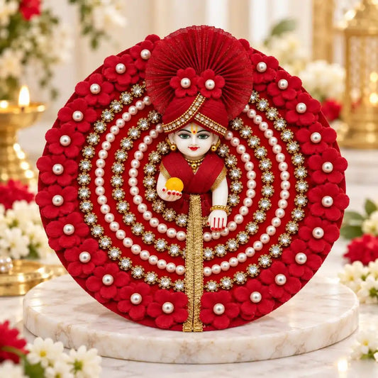 Fancy Red Floral & Beads Embellished Dress with Matching Mukut for Laddu Gopal