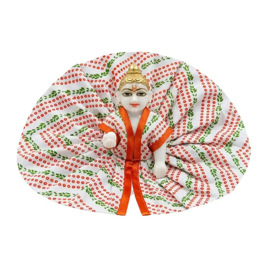 Handcrafted Printed White Cotton Laddu Gopal Dress with Orange Border