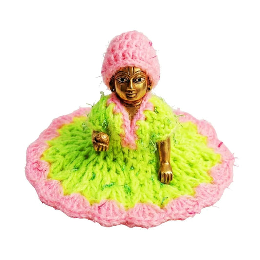 Handcrafted Pink & Green Woolen Dress for Size 2 Laddu Gopal Winter Poshak