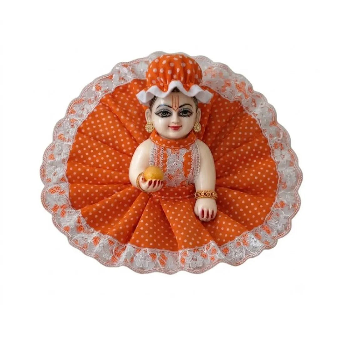 Orange Polka Dot Laddu Gopal Dress with Matching Cap & Lace Border