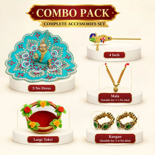 Laddu Gopal Pooja Combo Set with Dress, Bansuri, Mala, Basket & Kangan