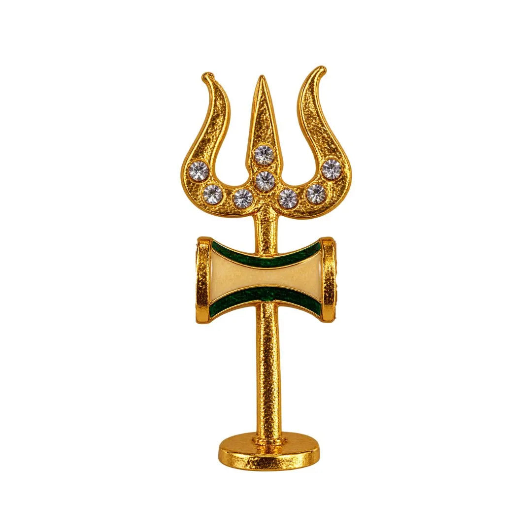 Premium 2 inch Green and Beige, Stone Studded Gold-Plated Metal Shiv Trishul with Damru