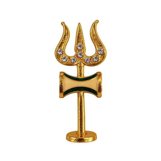 Premium 2 inch Green and Beige, Stone Studded Gold-Plated Metal Shiv Trishul with Damru