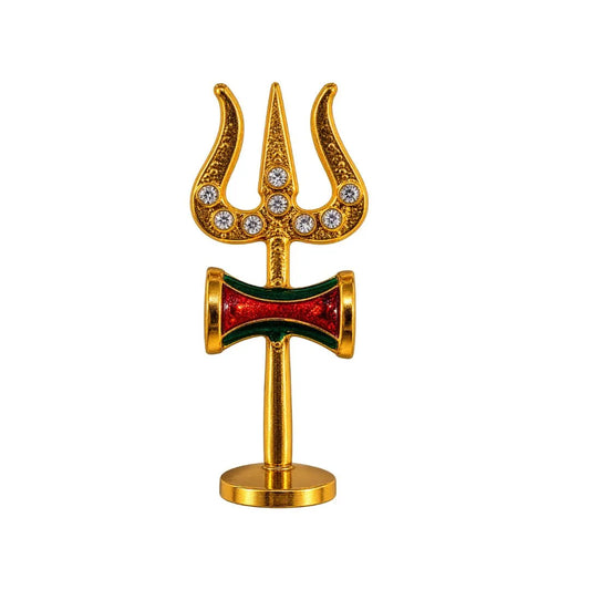Premium 2 inch Green and Red, Stone Studded Gold-Plated Metal Shiv Trishul with Damru