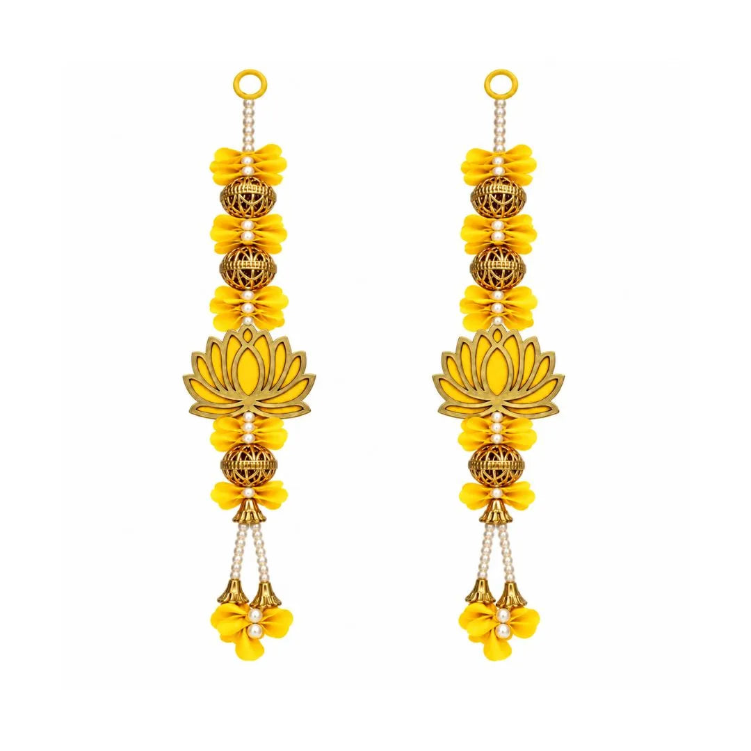 Elegant Yellow Artificial Lotus & Beads Door Latkan Pair for Diwali