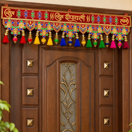 Handcrafted Red Velvet Embroidered Toran with Colorful Tassels & Traditional Motifs