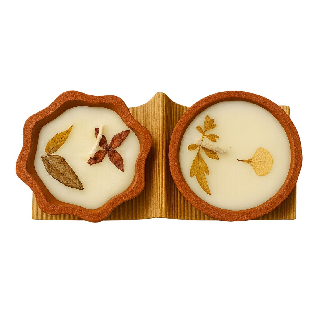 Handmade Decorative Soy Wax Diya Candles with Dried Flowers – Eco-Friendly Festive Lights