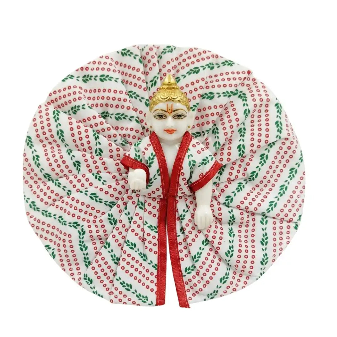 Laddu Gopal White Floral Dress with Green Leaf Print & Red Border