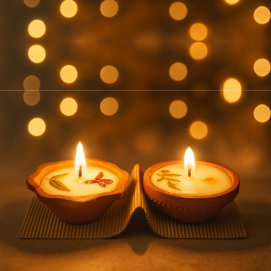 Handmade Decorative Soy Wax Diya Candles with Dried Flowers – Eco-Friendly Festive Lights