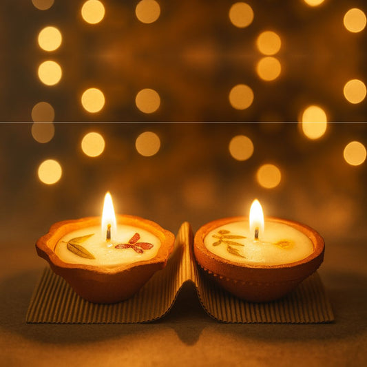 Handmade Decorative Soy Wax Diya Candles with Dried Flowers – Eco-Friendly Festive Lights