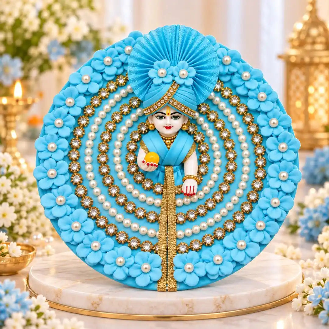 Sky Blue Floral & Beads Embellished Dress with Matching Mukut for Laddu Gopal