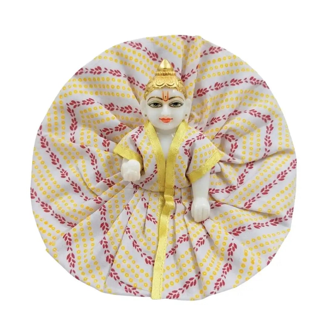 Laddu Gopal White Floral Printed Dress with Golden Border