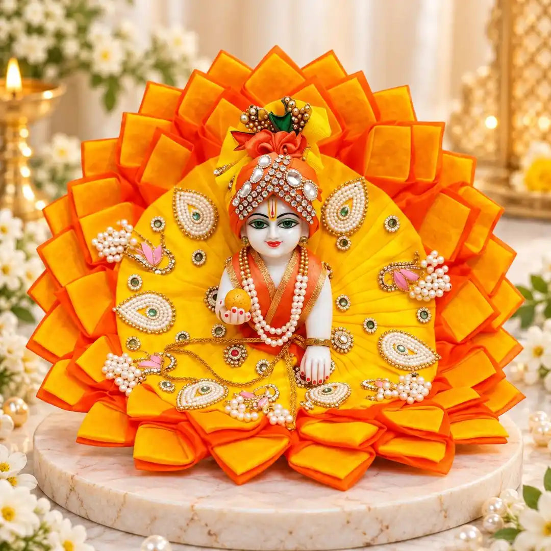 Fancy Yellow Orange Heavy Laddu Gopal Dress with Pagdi