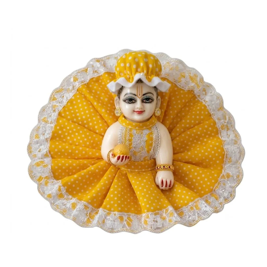 Yellow Polka Dot Laddu Gopal Dress with Matching Cap & Lace Border
