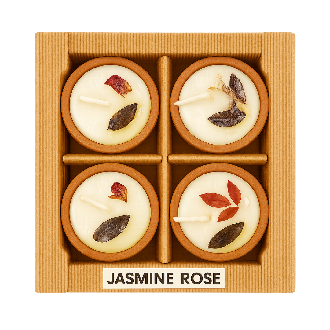 Jasmine Rose Scented Candles Gift Set - 4 Natural Terracotta Pot Candles in Box