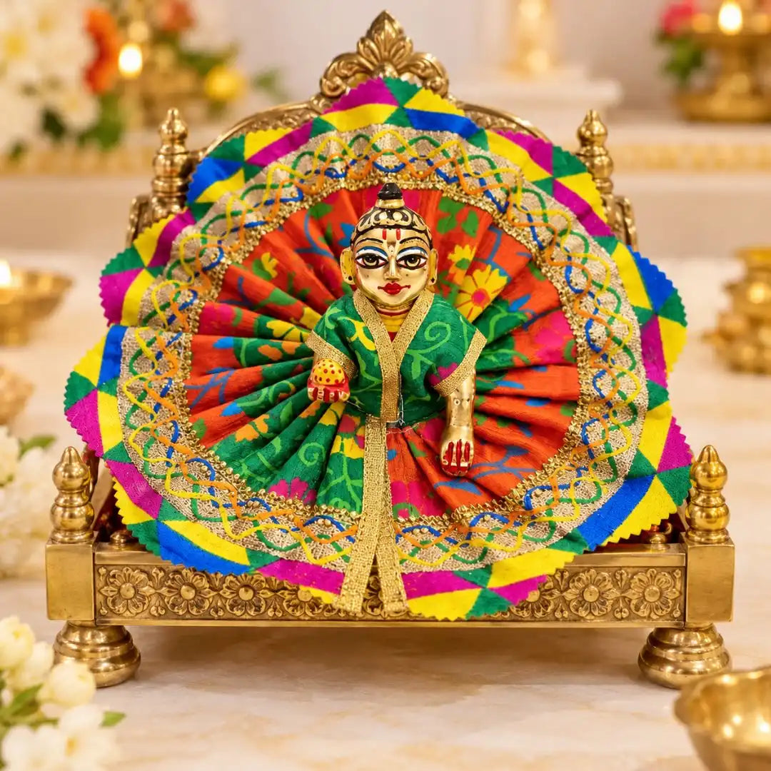 Multicolor Geometric Floral Fancy Dress for Laddu Gopal with Green & Golden Lace