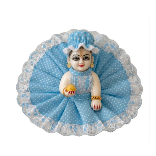 Sky Blue Polka Dot Laddu Gopal Dress with Matching Cap & Lace Border