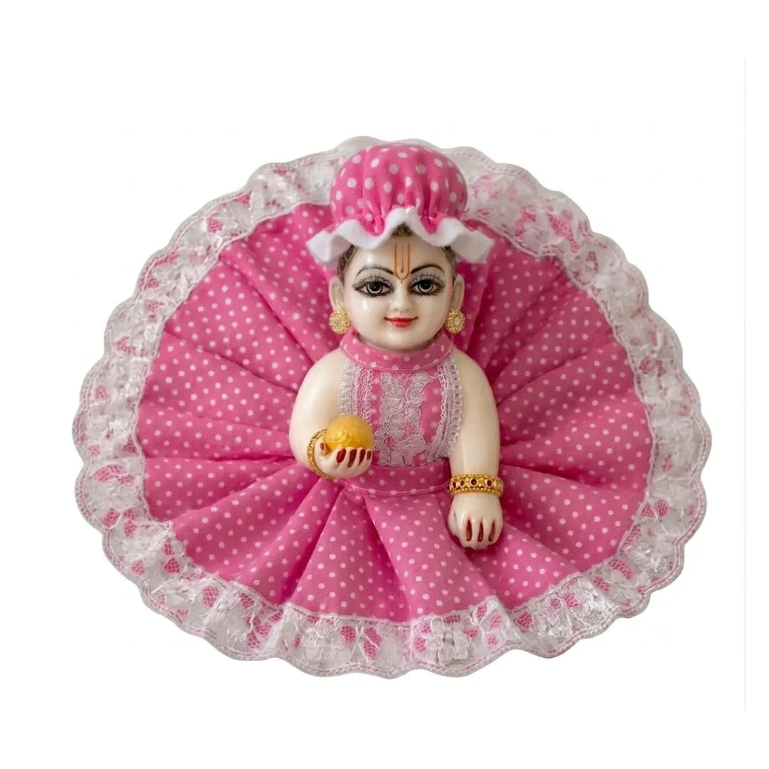 Pink Polka Dot Laddu Gopal Dress with Matching Cap & Lace Border