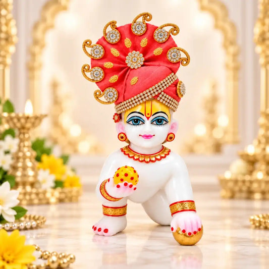 Red Color Jarkan Decorated Mukut for Laddu Gopal