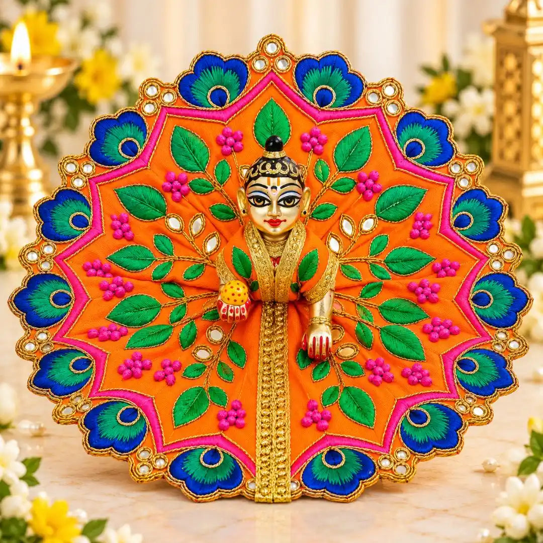 Peacock Feather Design Orange Dress for Thakur ji