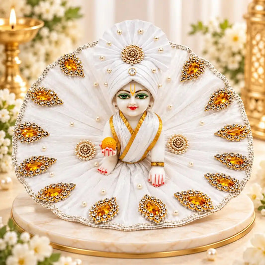 Premium White Golden Heavy Laddu Gopal Dress with Pagdi