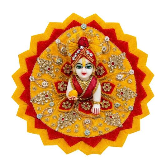 Fancy Yellow Red Heavy Laddu Gopal Dress with Pagadi