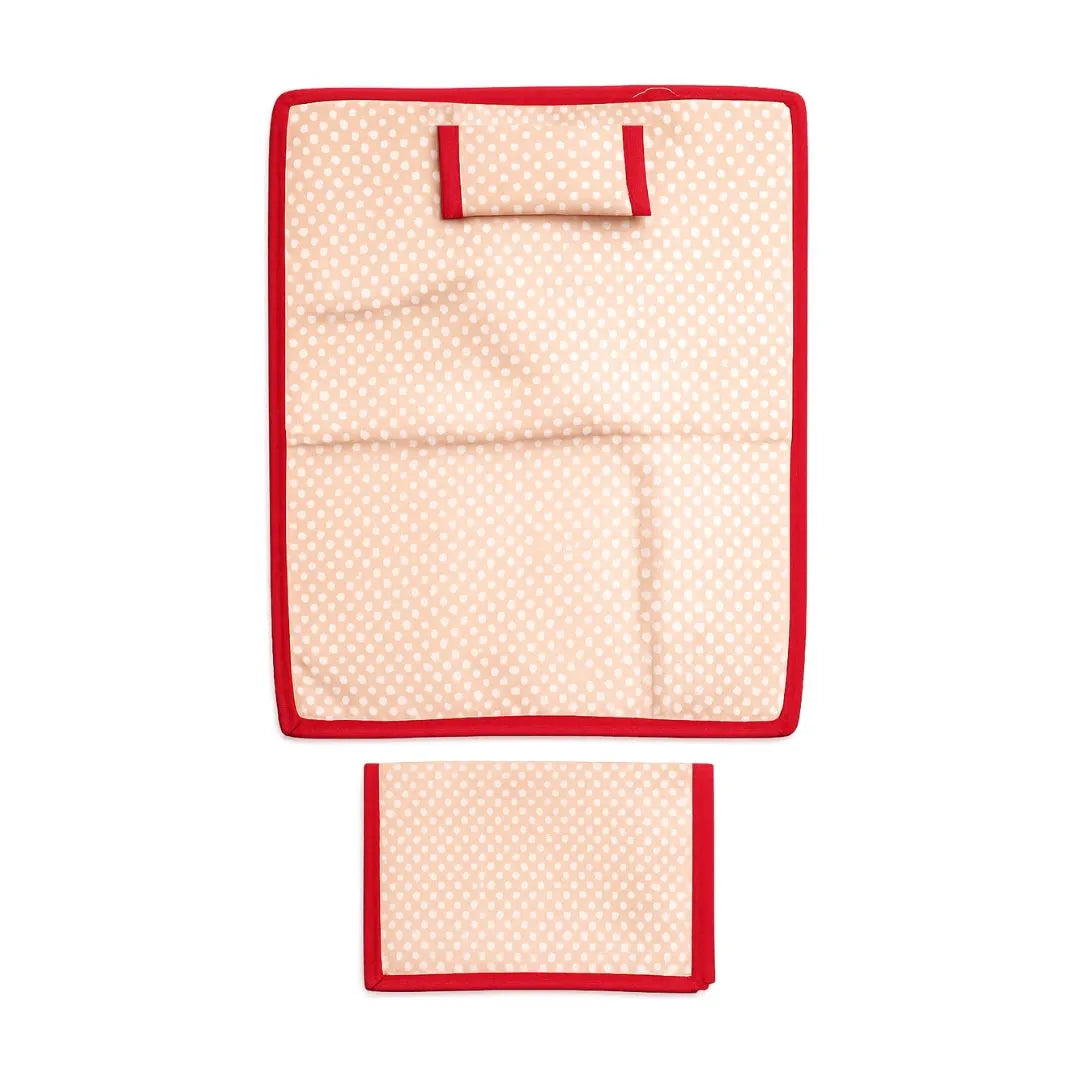 Peach Polka Dot Soft Cotton Bedsheet Set with Red Border, Pillow & Chadar (6×8 Inch)
