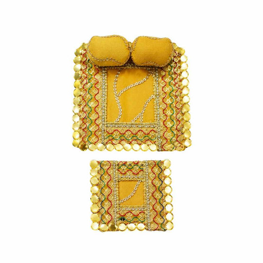 Yellow Laddu Gopal Bistar, Pillow & Chadar Set with Golden Lace Work