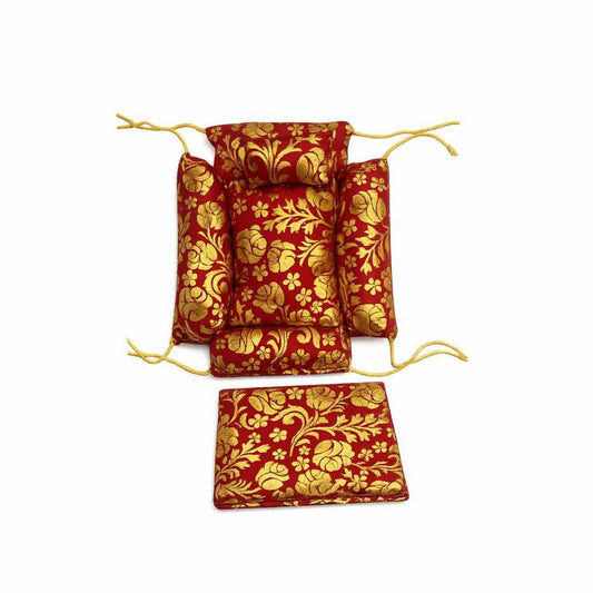 Laddu Gopal Adjustable Red Golden Floral Bistar, Pillow & Chadar Set