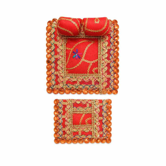 Laddu Gopal Red Designer Bistar Set with Pillow and Chadar