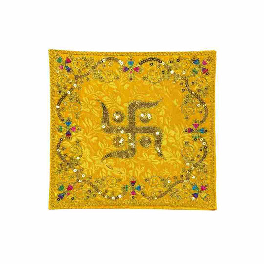 Yellow Swastik Puja Aasan with Zari, Sequins & Multicolor Embroidery