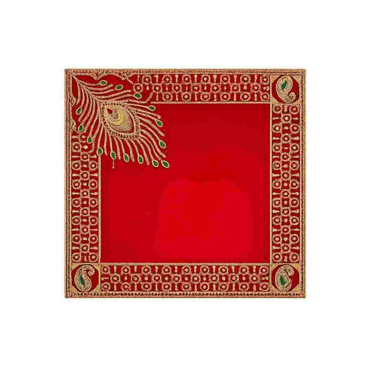 Red Velvet Puja Aasan with Golden Border & Peacock Design