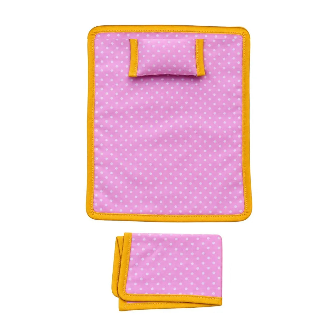 Laddu Gopal Pink Polka Dot Cotton Bed Sheet Set with Pillow & Chadar (6x8 Inch, Yellow Border)