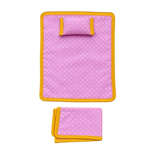 Laddu Gopal Pink Polka Dot Cotton Bed Sheet Set with Pillow & Chadar (6x8 Inch, Yellow Border)