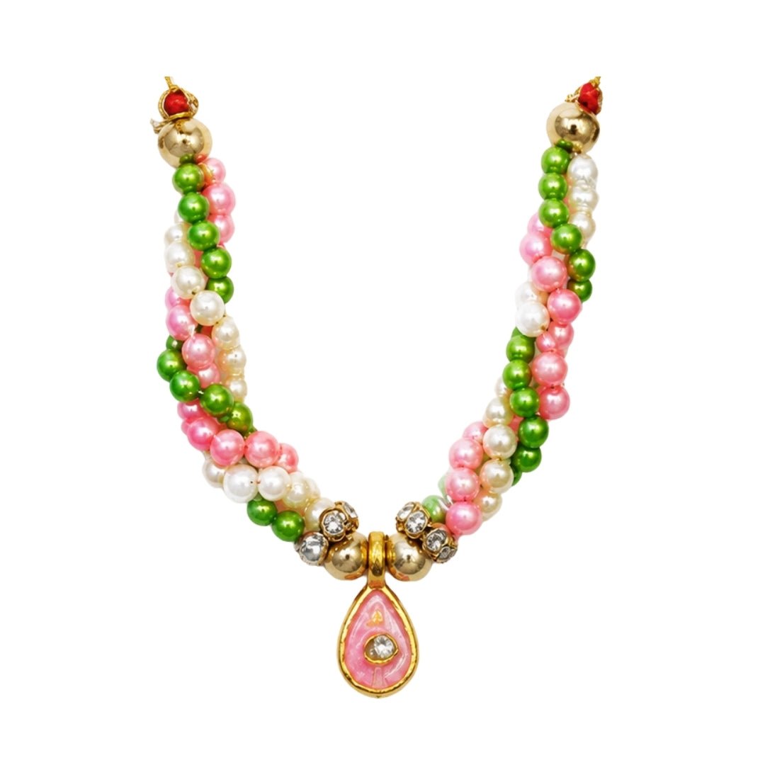 Beautiful Green/Pink Color Beads with Jarkan Coated Bal Gopal Mala for Shringar - Lordkart