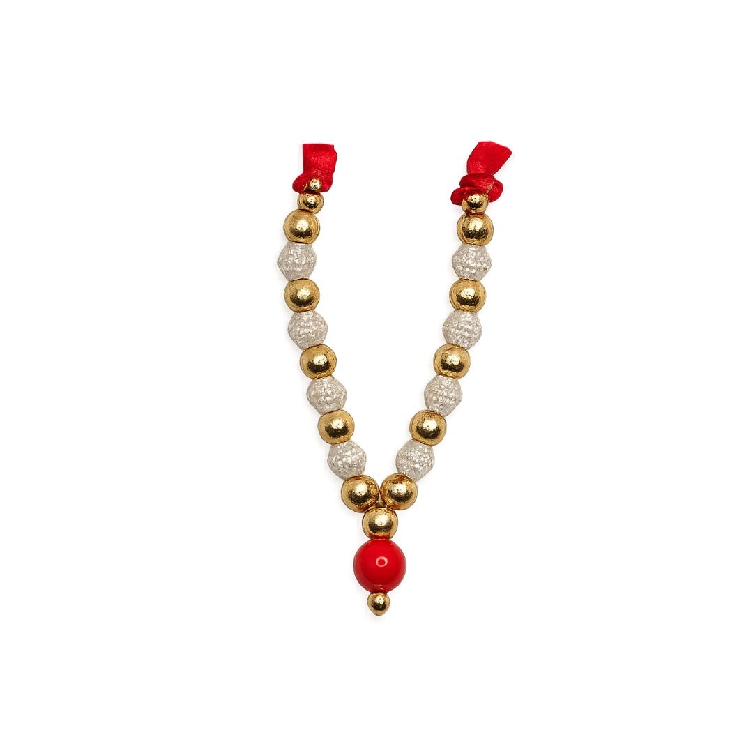 Fancy Laddu Gopal Gold White Beads Mala with Red Charm for Shringar - Lordkart
