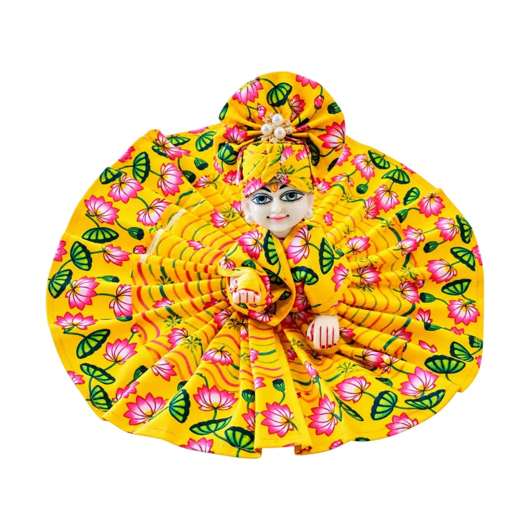 Handcrafted Yellow Lotus Print Cotton Laddu Gopal Dress with Matching Pagdi