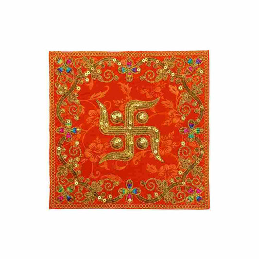 Decorative Red Swastik Puja Aasan with Golden Zari Work