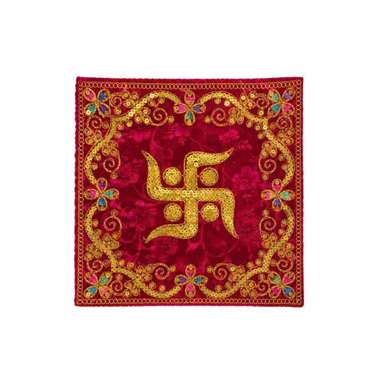 Decorative Red Velvet Puja Aasan with Golden Swastik Embroidery Work