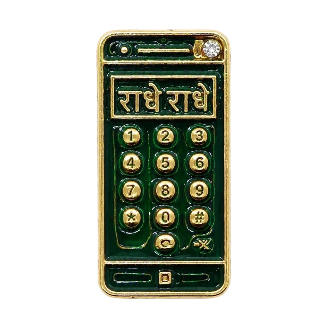 Radhe Radhe Printed Green Enamel Metal Mobile for Thakurji - Lordkart