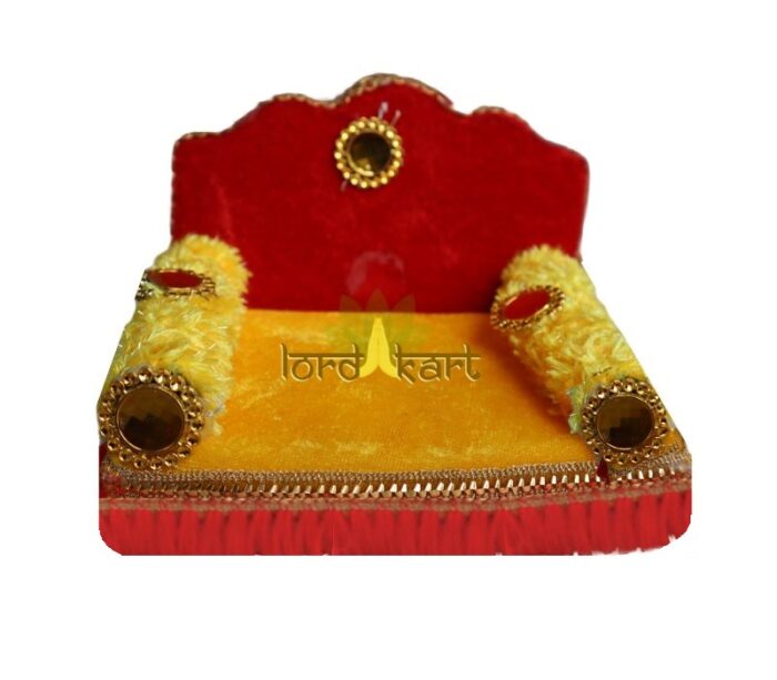 Handicraft Red/Yellow Laddu Gopal Silk Singhasan for Pooja Mandir